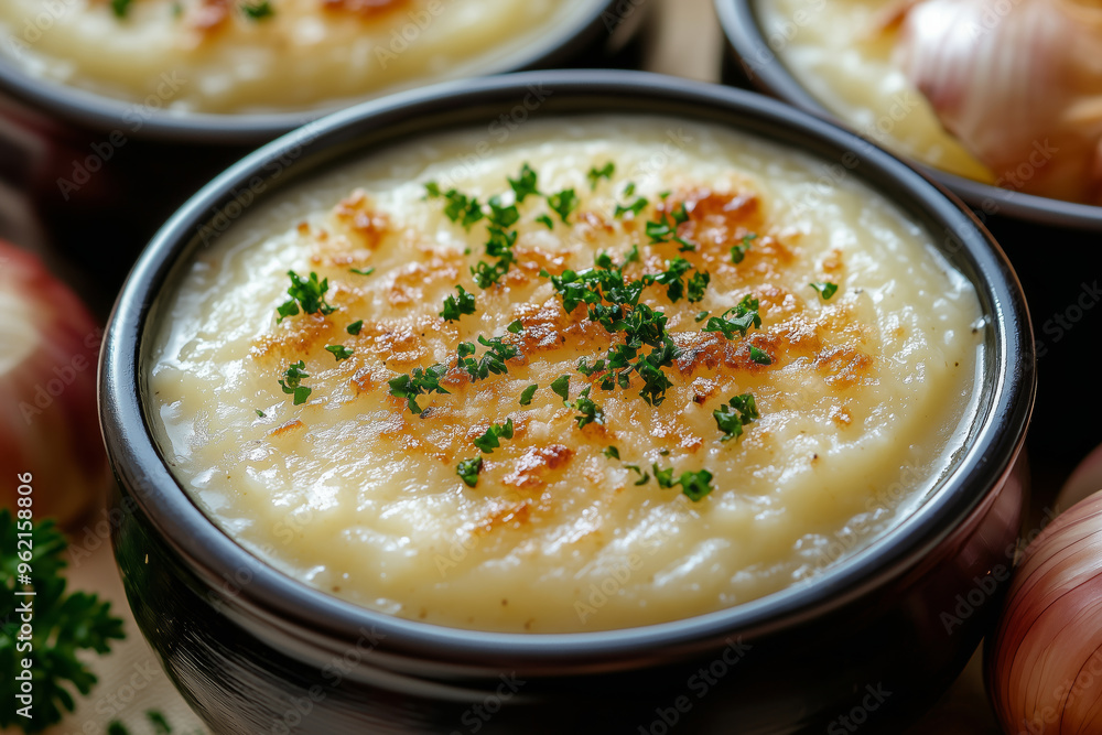 Creamy onion soup garnished with fresh herbs served in a rustic bowl, perfect for a cozy evening meal with homemade bread Creamy onion soup garnished with fresh herbs served in a rustic bowl, perfect for a cozy evening meal with homemade bread