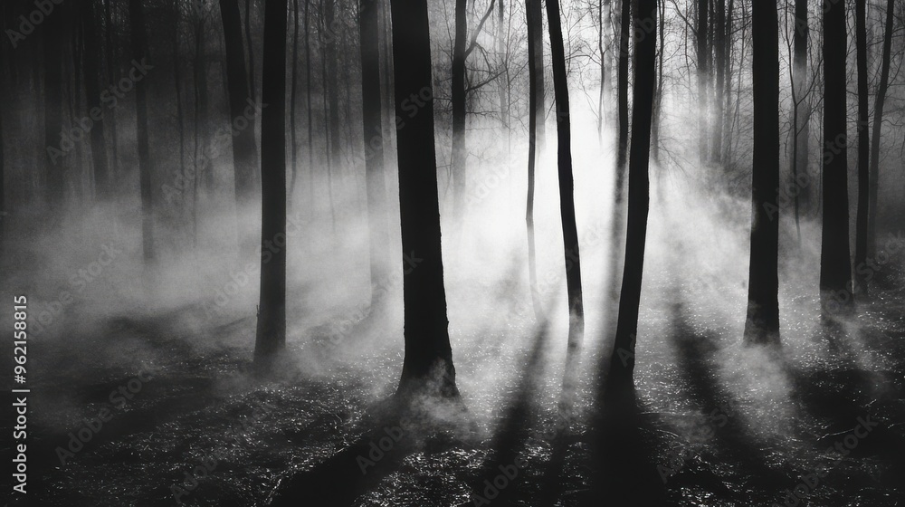 Naklejka premium A cinematic shot of a haunted forest, with fog rising from the ground and eerie shadows moving in the trees