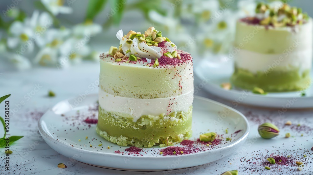 Two small pistachio cakes with whipped cream and pistachios on top, on white plates, with white flowers in the background. Two small pistachio cakes with whipped cream and pistachios on top, on white plates, with white flowers in the background.