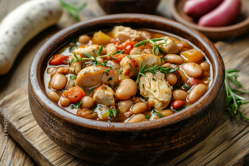 Savory traditional French bean stew with tender chicken, herbs, and rich tomato sauce served in a rustic ceramic dish Savory traditional French bean stew with tender chicken, herbs, and rich tomato sauce served in a rustic ceramic dish