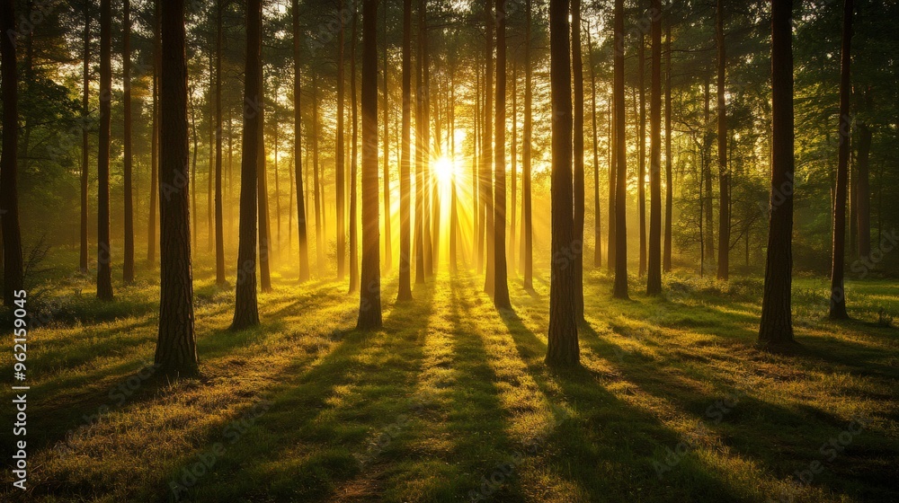 Sunbeams shine through tall trees in a forest. Sunbeams shine through tall trees in a forest.