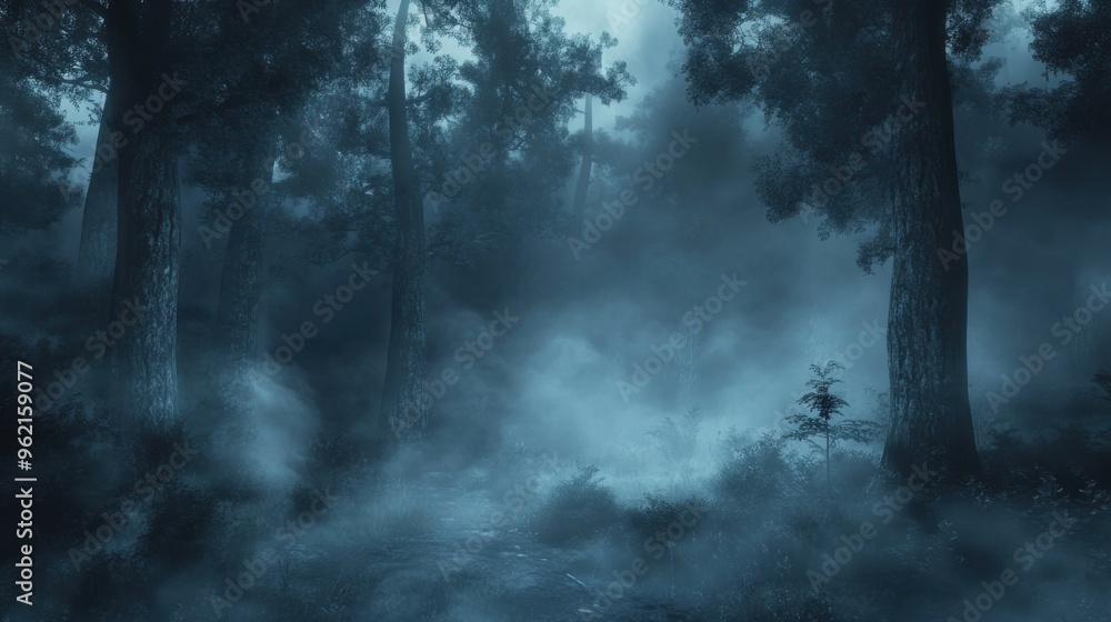 A cinematic shot of a haunted forest, with fog rising from the ground and eerie shadows moving in the trees A cinematic shot of a haunted forest, with fog rising from the ground and eerie shadows moving in the trees