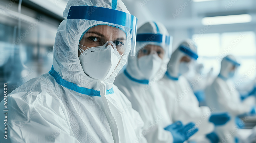 A healthcare worker in full personal protective equipment (PPE) including a face mask, shield, and gown, standing in a hospital environment with other workers. A healthcare worker in full personal protective equipment (PPE) including a face mask, shield, and gown, standing in a hospital environment with other workers.