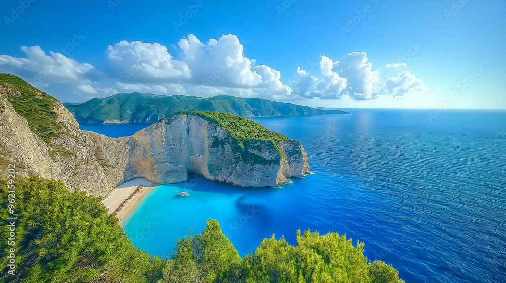 Obraz premium Navagio Beach is beautiful, the sky is clear, the sea water is beautiful, the beach is beautiful, the weather is good.