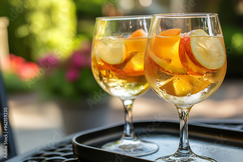 Refreshing white wine sangria served outdoors on a sunny patio, perfect for a relaxing gathering with friends