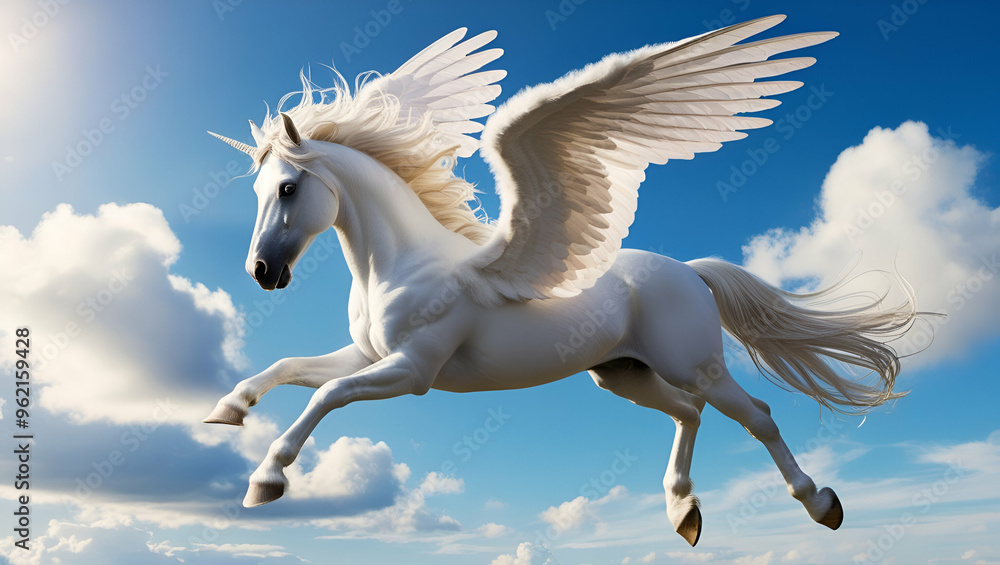 Flying right winged unicorn pure white wings with a little gray tai ai generative Flying right winged unicorn pure white wings with a little gray tai ai generative