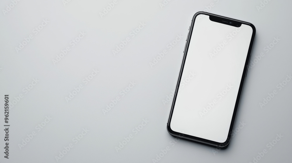 A black smartphone lies on a plain white surface with its blank screen. A black smartphone lies on a plain white surface with its blank screen.