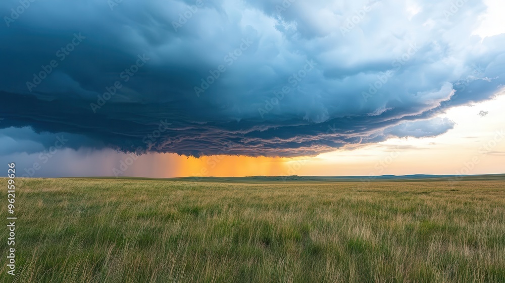 Obraz premium Sun setting behind a line of thunderstorms on the horizon, dramatic weather, contrast of light and dark