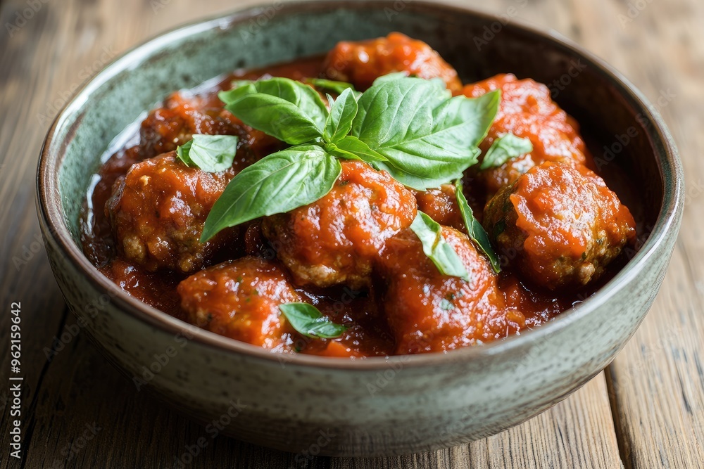 A rustic bowl of meatballs simmering in a rich tomato sauce, garnished with fresh basil A rustic bowl of meatballs simmering in a rich tomato sauce, garnished with fresh basil