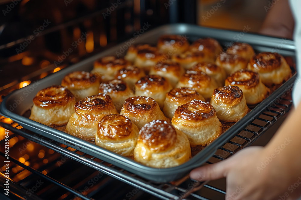 A joyful woman pulls out a golden tray of freshly baked Yorkshire puddings from the oven in a warm kitchen A joyful woman pulls out a golden tray of freshly baked Yorkshire puddings from the oven in a warm kitchen