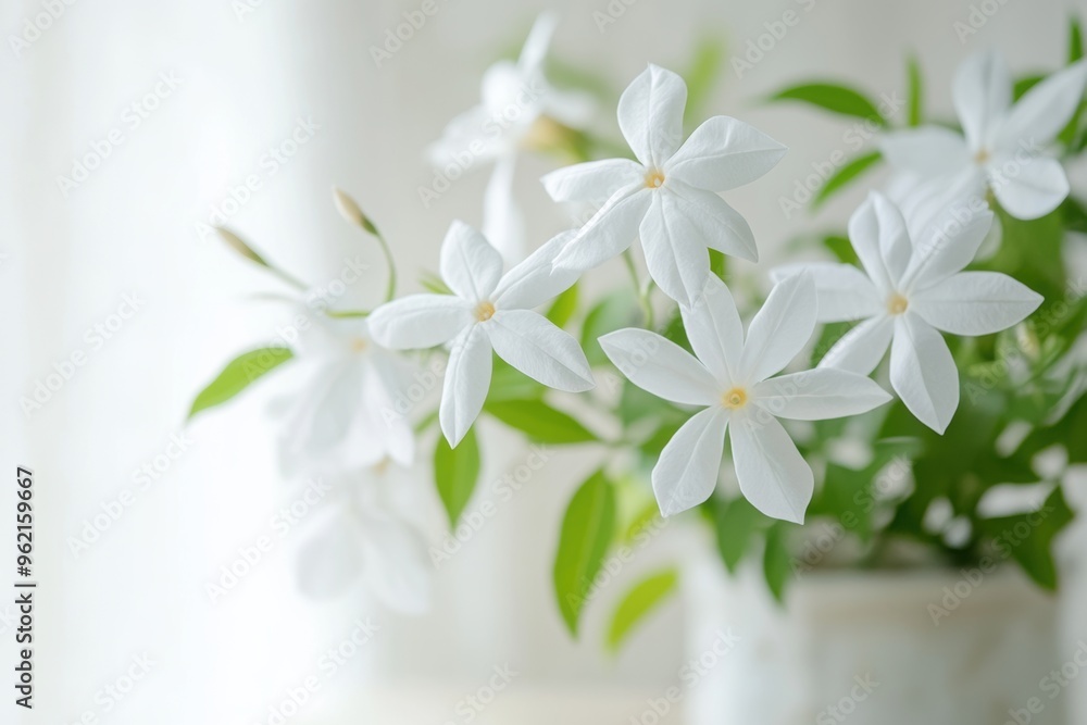 Fototapeta premium Blooming white jasmine flowers in pot the window