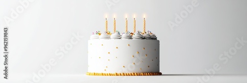 A realistic 3D rendering of a birthday cake with lit candles on top, decorated with icing and sprinkles, set against a simple white background