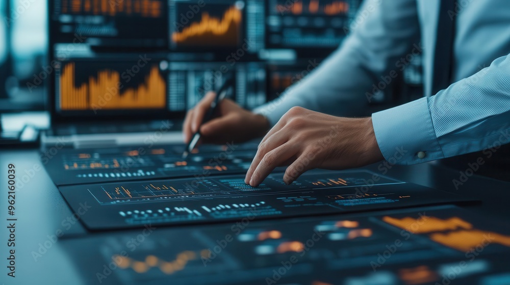 Visual of economic policy documents with graphs and charts, being analyzed by experts in a high-tech environment Visual of economic policy documents with graphs and charts, being analyzed by experts in a high-tech environment