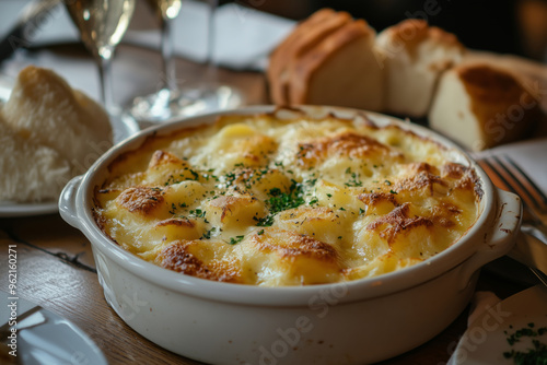 Indulge in a creamy tartiflette served with warm bread, a heartfelt dish from the French Alps perfect for cozy gatherings