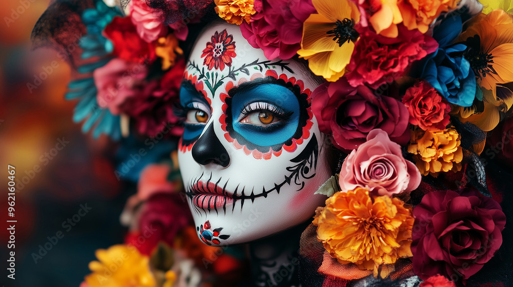 A striking image of a woman with intricate D?a de los Muertos face paint, adorned with vibrant, colorful flowers. The look is both mesmerizing and culturally rich. A striking image of a woman with intricate D?a de los Muertos face paint, adorned with vibrant, colorful flowers. The look is both mesmerizing and culturally rich.