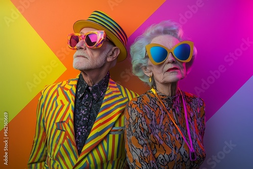 Elderly couple in stylish attire striking a pose against a vibrant geometric backdrop that captures retrofuturism and elegant fashion