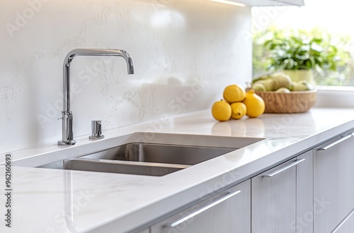 Minimalist White Kitchen with Light Grey Marble Countertop and Modern Cabinets. AI generated illustration