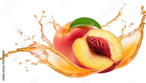 Peach Fruit Juice Splashes, Vibrant and Refreshing Beverage, Dynamic Visual for Food and Drink Themes, Ideal for Advertising and Packaging, Isolated on Transparent Background, PNG File