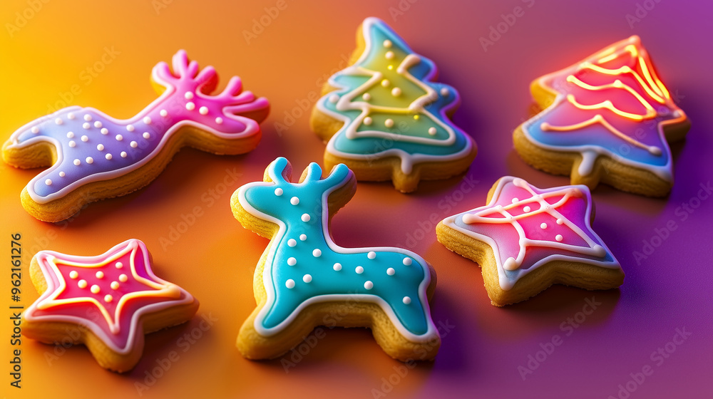 A set of neon-colored Christmas cookies shaped like reindeer, trees, and stars, set against a vibrant gradient background, creating a playful and festive scene. A set of neon-colored Christmas cookies shaped like reindeer, trees, and stars, set against a vibrant gradient background, creating a playful and festive scene.