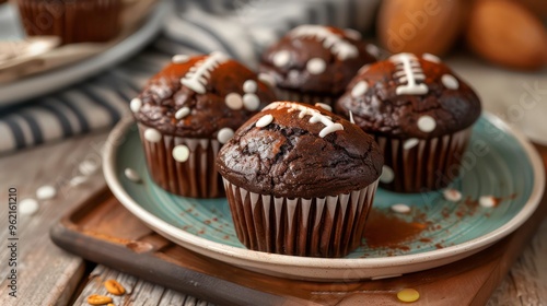 Four chocolate muffins decorated with white chocolate chips and football designs on a blue plate.