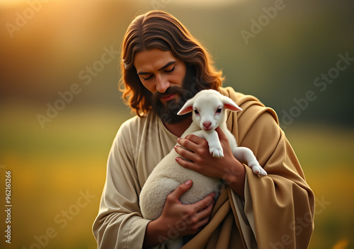 Image of Jesus Christ holding a little lamb of Easter holiday concept