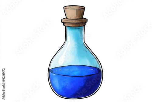 Hand-drawn blue potion in glass bottle with cork stopper