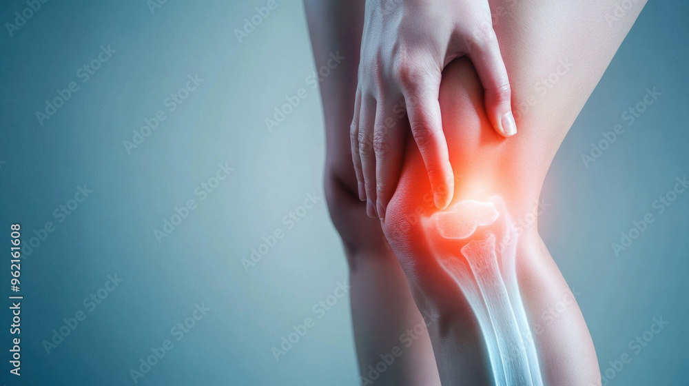Εκτύπωση καμβά A woman with a knee injury is holding her leg, AI