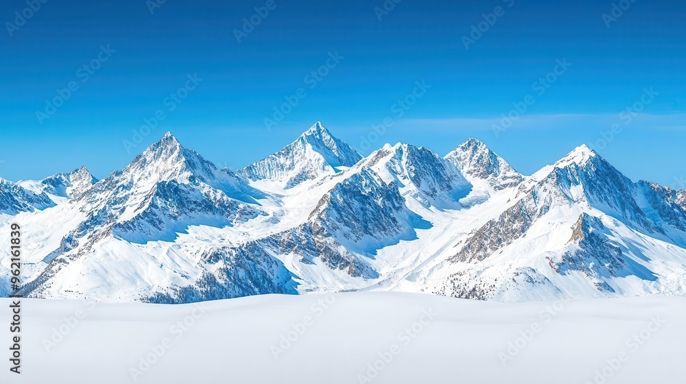 Snow-capped mountains under a clear blue sky, winter weather, cold and majestic Snow-capped mountains under a clear blue sky, winter weather, cold and majestic