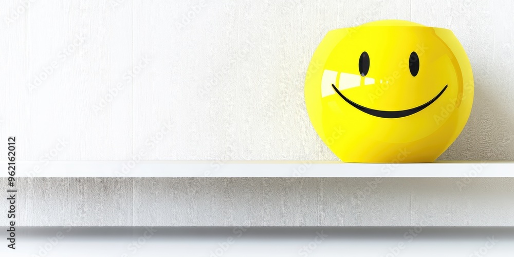 A bright yellow smiley face bowl resting on a white shelf brings joy and positivity to a modern, minimalistic interior design, creating a cheerful atmosphere