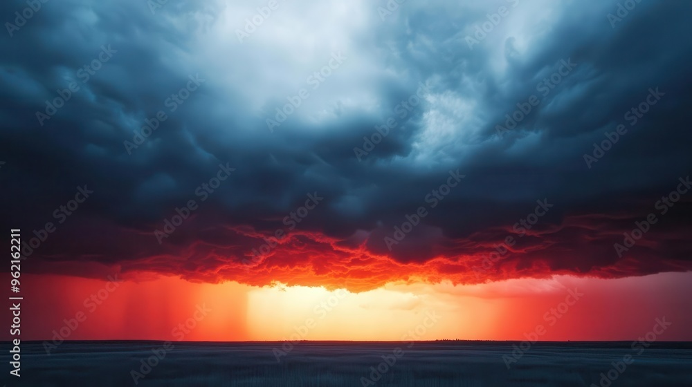 Naklejka premium Sun setting behind a line of thunderstorms on the horizon, dramatic weather, contrast of light and dark