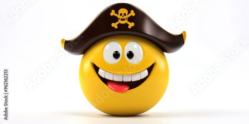 A cheerful yellow emoji dons a classic pirate hat, exuding joyfulness with a big grin and playful demeanor in a whimsical and vibrant setting