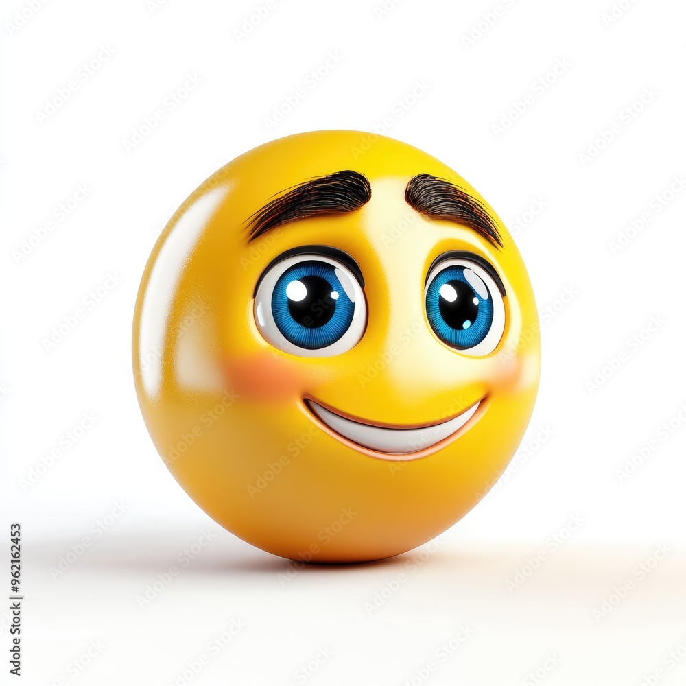 Fototapeta premium A vibrant yellow emoji with a cheerful expression showcases bright blue eyes and playful eyebrows, captured in a minimalistic setting that highlights its joyful demeanor