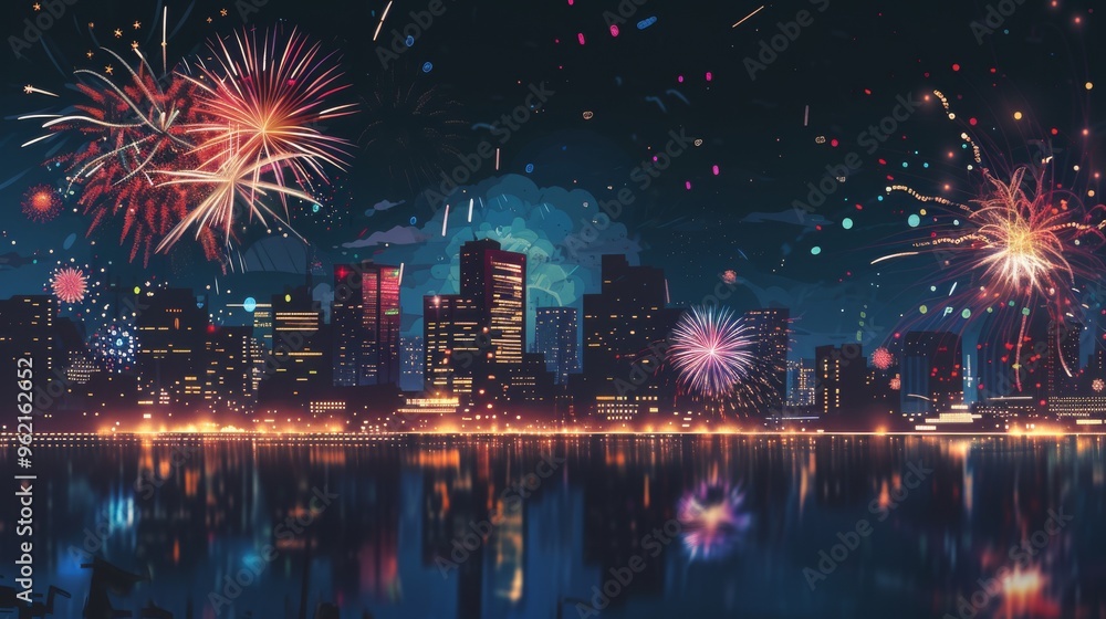 A stunning city skyline is illuminated by vibrant fireworks bursting in the night sky. The reflections on the water enhance the festive atmosphere, creating a magical cityscape scene. A stunning city skyline is illuminated by vibrant fireworks bursting in the night sky. The reflections on the water enhance the festive atmosphere, creating a magical cityscape scene.