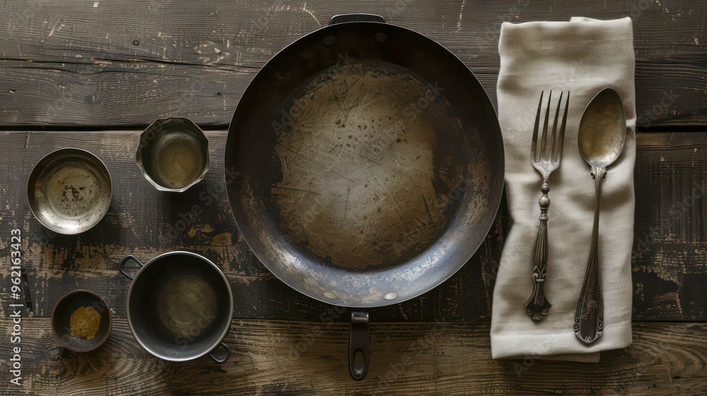 A rustic table setting with a cast iron skillet, antique silverware and a linen napkin, on a distressed wooden surface. A rustic table setting with a cast iron skillet, antique silverware and a linen napkin, on a distressed wooden surface.