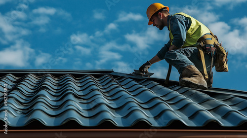 Wallpaper Mural Roofer in Hard Hat Working on Metal Roof Installation Against Blue Sky Torontodigital.ca