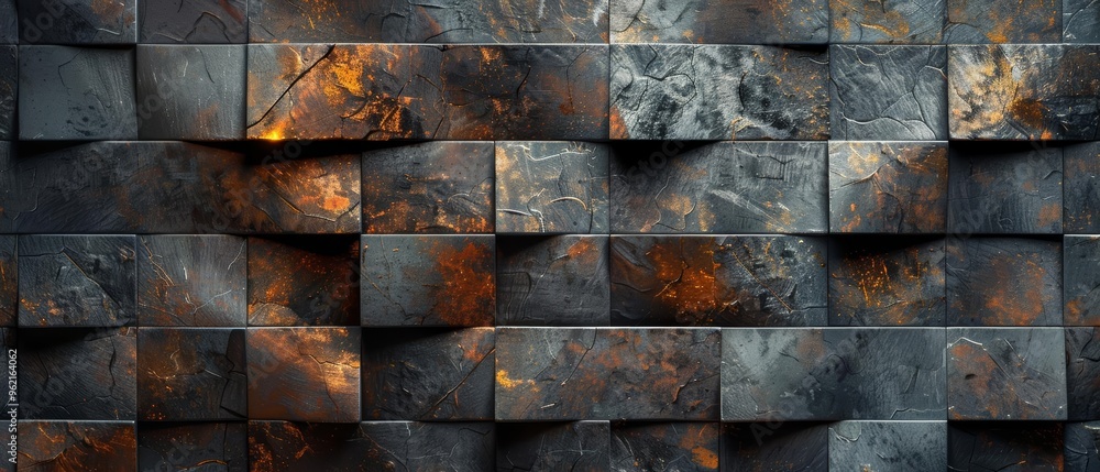 Textured wall made of metallic tiles showcasing an artistic blend of dark and warm tones, perfect for modern interior designs. Textured wall made of metallic tiles showcasing an artistic blend of dark and warm tones, perfect for modern interior designs.