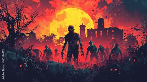 A horde of zombies approach a haunted house under the ominous glow of a full moon, creating a chilling, dark scene with bats and skeletal remains in the background. photo