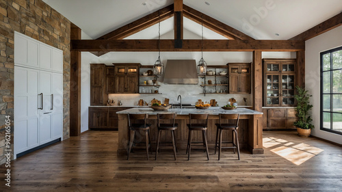 A Warm, Rustic Kitchen With Wooden Beams, Farmhouse-style Cabinets, And Vintage Appliances