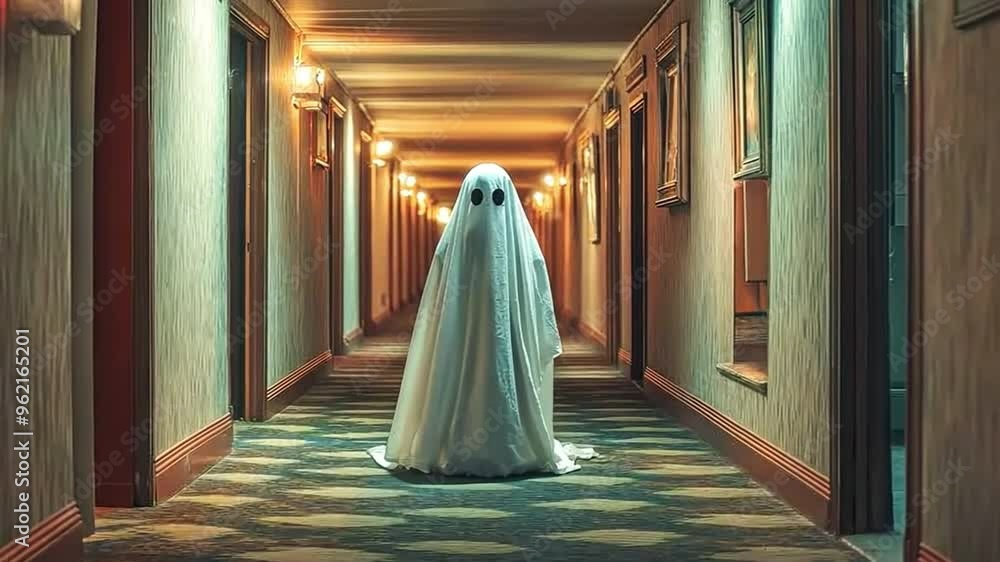 A jovial little ghost suit, constructed from a plain white sheet with black eyes, stands in the center of a dimly lighted, deserted corridor. The scene has a fun yet eerie Halloween feel about it.
A jovial little ghost suit, constructed from a plain white sheet with black eyes, stands in the center of a dimly lighted, deserted corridor. The scene has a fun yet eerie Halloween feel about it.