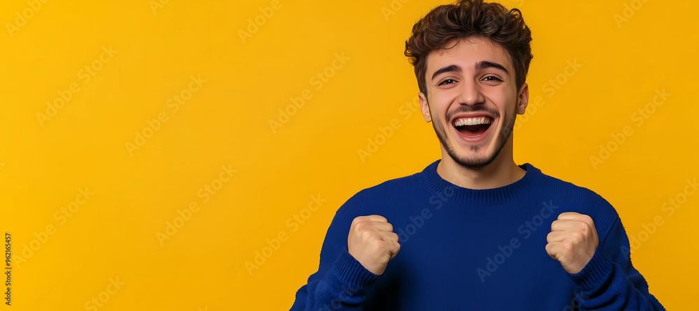 The handsome man looks delighted and excited, with arms raised, celebrating victory and smiling. Winner and successful concept The handsome man looks delighted and excited, with arms raised, celebrating victory and smiling. Winner and successful concept