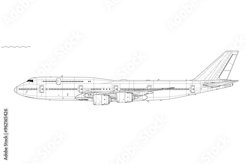 Boeing 747-8. Vector drawing of long-range, wide-body passenger jet airliner. Side view. Image for illustration and infographics.