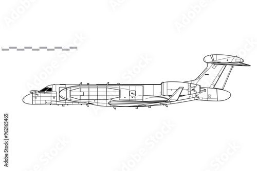 Gulfstream EA-37B Banshee. EC-37B. Vector drawing of electronic attack aircraft. Side view. Image for illustration and infographics.