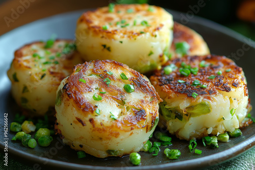 Deliciously crisp bubble and squeak served in a rustic plate, perfect for a cozy British brunch on a sunny afternoon photo