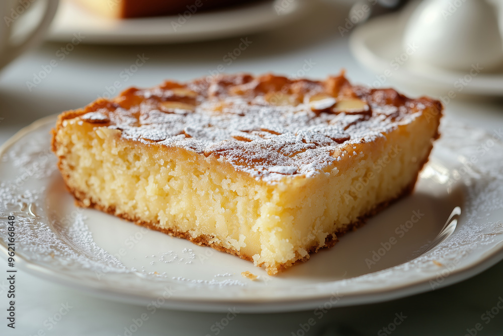 Enjoying a delightful slice of traditional almond cake Tarta de Santiago at a sunny afternoon gathering in Spain Enjoying a delightful slice of traditional almond cake Tarta de Santiago at a sunny afternoon gathering in Spain