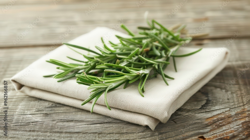 A sprig of fresh rosemary sits on a white linen napkin on a rustic wooden table. A sprig of fresh rosemary sits on a white linen napkin on a rustic wooden table.