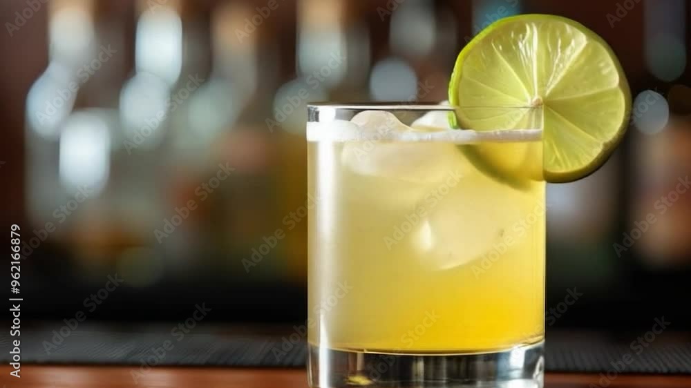 glass of yellow cocktail with ice lime slice on rim blurry bar background beverage alcohol drink refreshment citrus video smooth motion glass of yellow cocktail with ice lime slice on rim blurry bar background beverage alcohol drink refreshment citrus video smooth motion