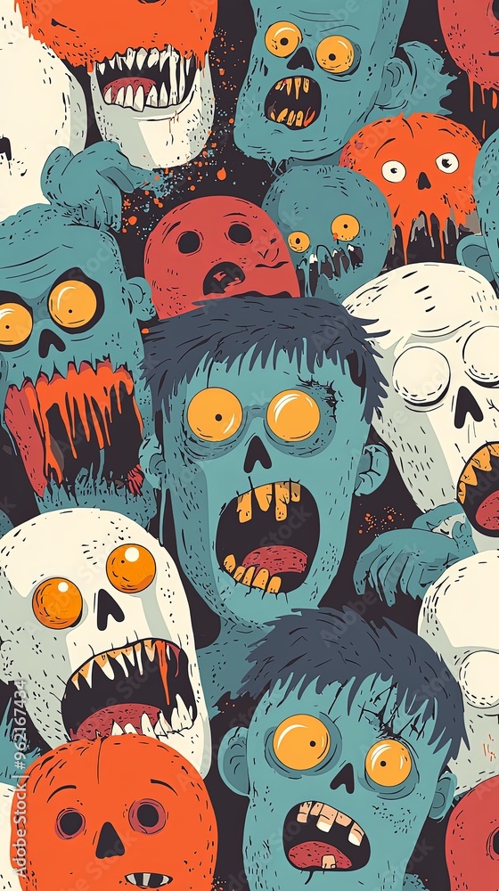 A collection of cartoonish zombie faces and skulls, all featuring bright orange eyes and various expressions, creating a chaotic and nightmarish visual scene. A collection of cartoonish zombie faces and skulls, all featuring bright orange eyes and various expressions, creating a chaotic and nightmarish visual scene.