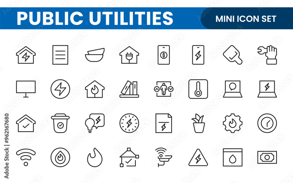 Public utilities linear signed icon collection. Signed thin line icons collection. Set of public utilities simple outline icons. Public utilities linear signed icon collection. Signed thin line icons collection. Set of public utilities simple outline icons.
