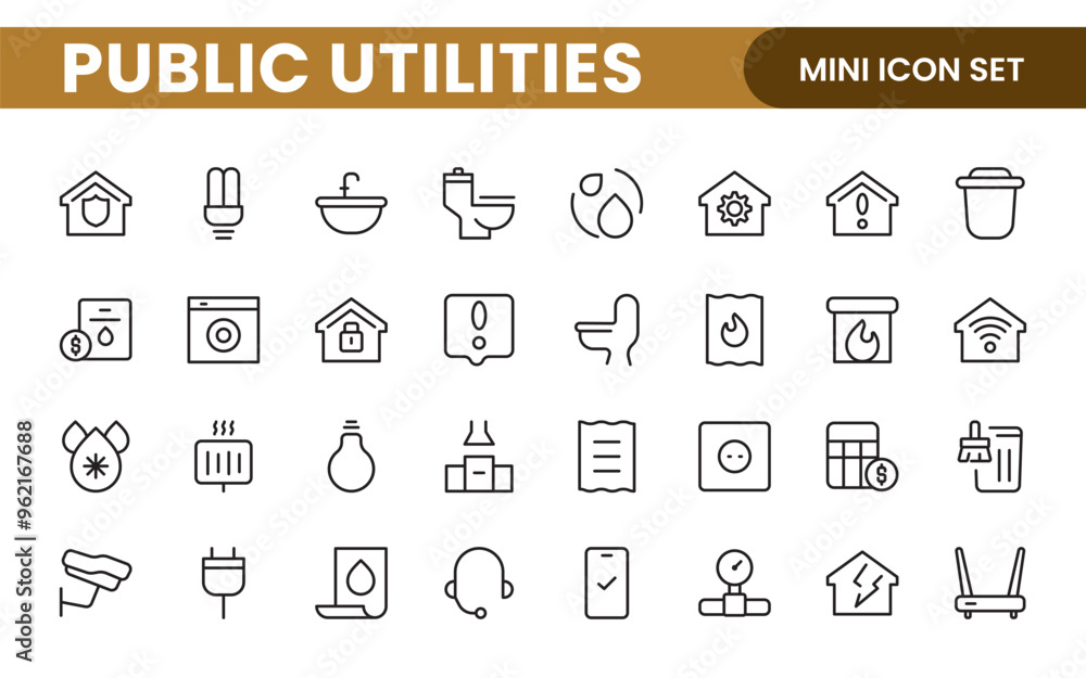 Public utilities linear signed icon collection. Signed thin line icons collection. Set of public utilities simple outline icons. Public utilities linear signed icon collection. Signed thin line icons collection. Set of public utilities simple outline icons.