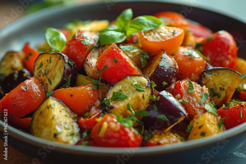 A vibrant modern take on traditional French ratatouille served in a rustic bowl, perfect for a summer gathering photo